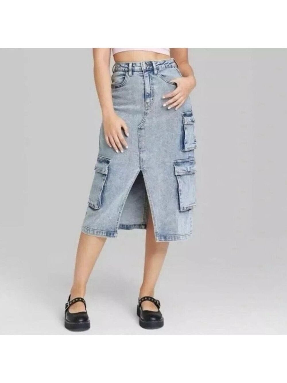 Wild Fable XXS Cargo Pocket Denim Midi Skirt Acid Wash Blue Jean High-Rise Fall
